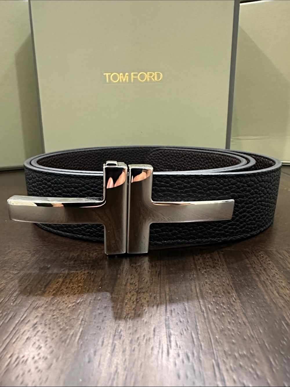 Tom Ford Black Textured Leather Belt with Silver T Buckle